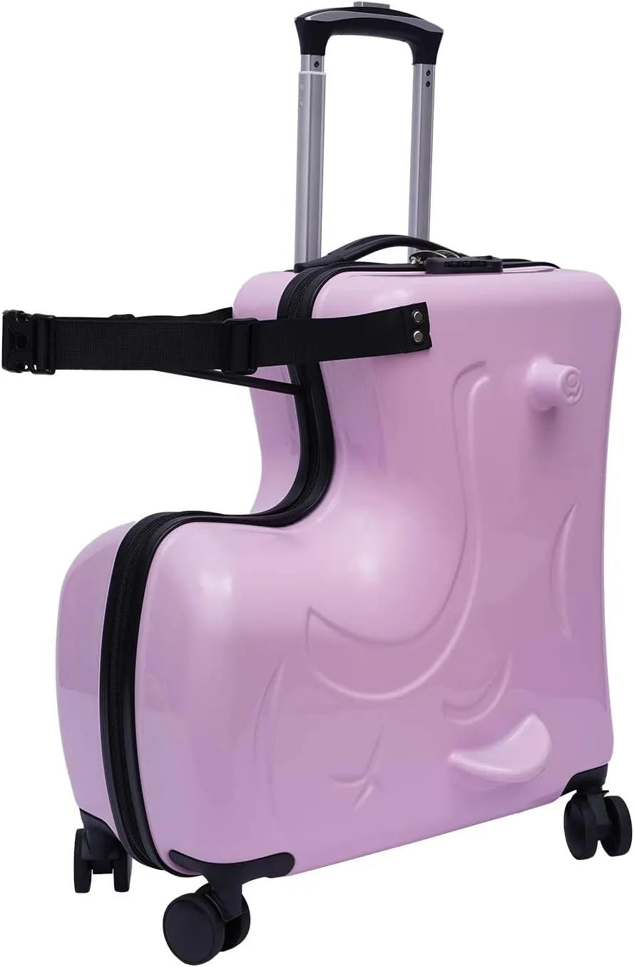 20'' Kids Ride On Luggage Hardside Suitcase Kids Luggage with Spinner Wheels Carry On Trolley Suitcase with Safety Belt and Telescoping Handle for Airports Trips