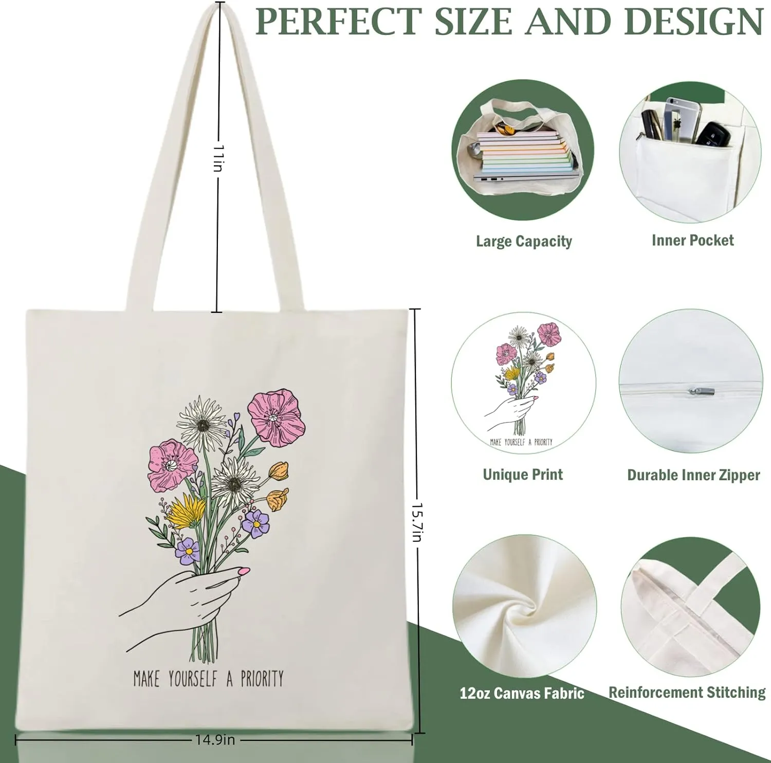 Andeiltech Canvas Tote Bag for Women Aesthetic Cute Cat Shopping Grocery Reusable Bags with Inner Zipper Women Gift