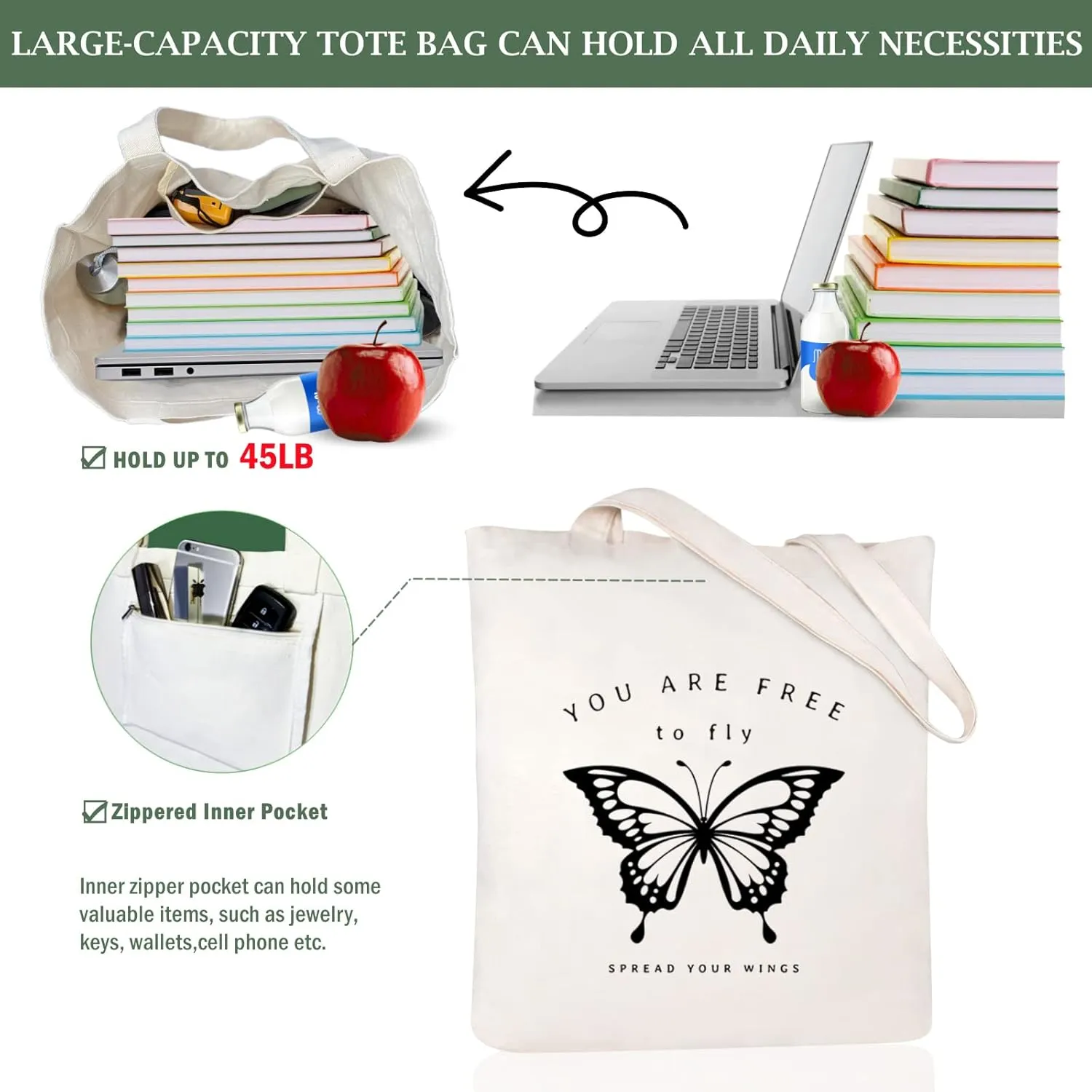 Andeiltech Canvas Tote Bag for Women Aesthetic Cute Cat Shopping Grocery Reusable Bags with Inner Zipper Women Gift