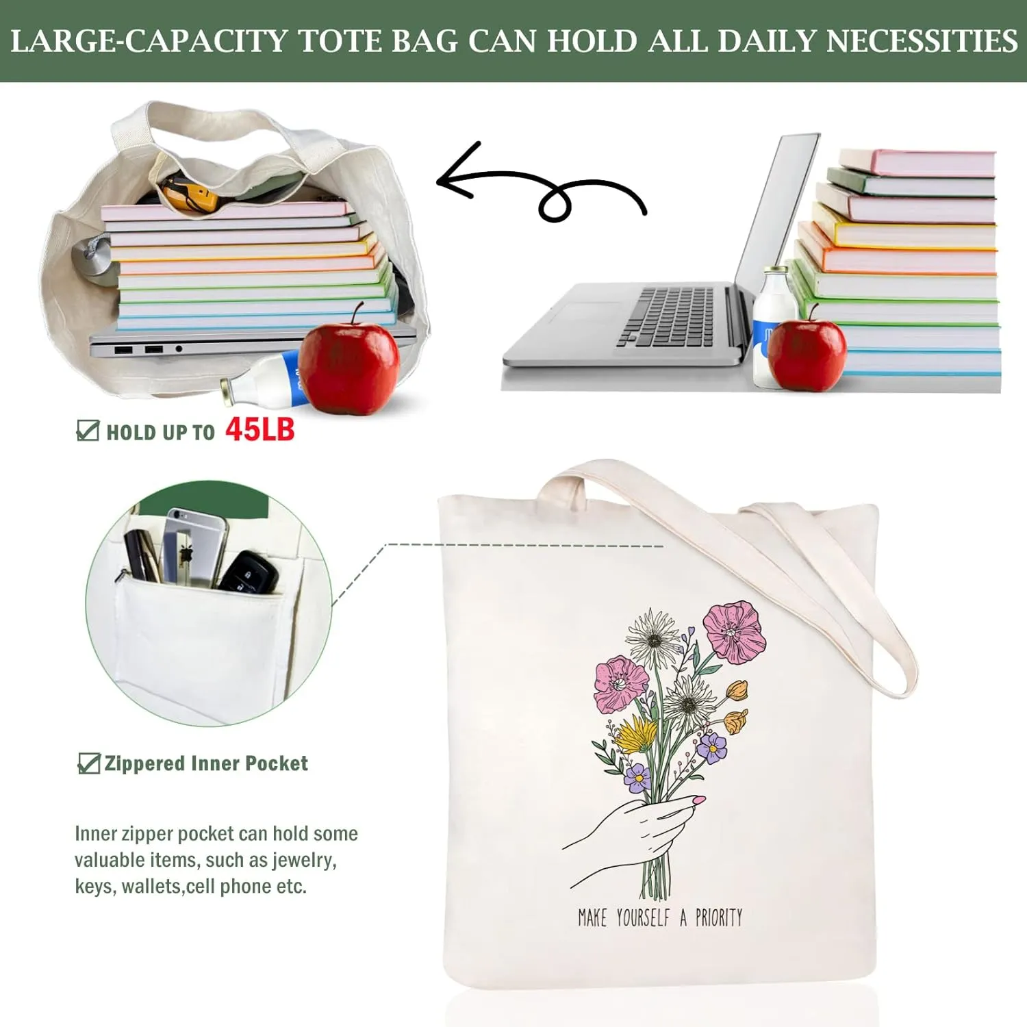 Andeiltech Canvas Tote Bag for Women Aesthetic Cute Cat Shopping Grocery Reusable Bags with Inner Zipper Women Gift