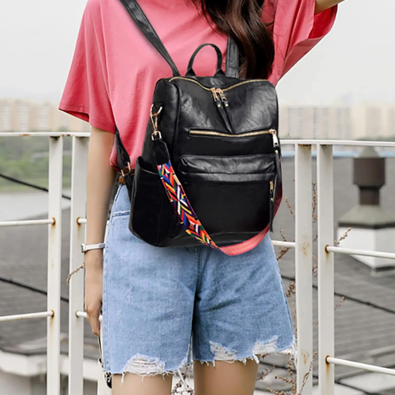 Backpack Purse Leather Shoulder Bags for Travel, Large Fashionable Designer Satchel Handbags for Women Ladies (Black)