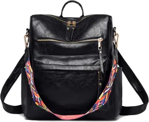 Backpack Purse Leather Shoulder Bags for Travel, Large Fashionable Designer Satchel Handbags for Women Ladies (Black)