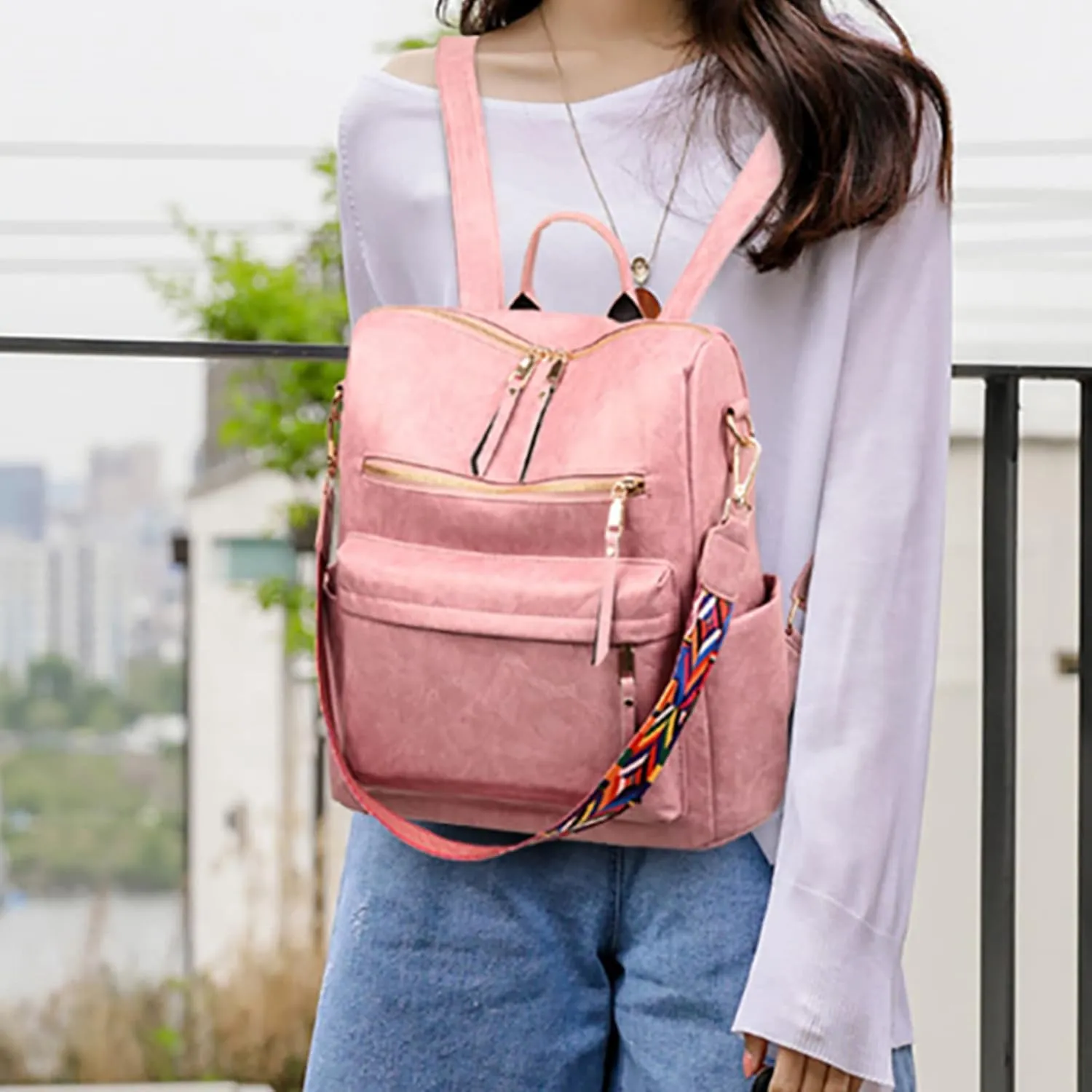 Backpack Purse Leather Shoulder Bags for Travel, Large Fashionable Designer Satchel Handbags for Women Ladies (Pink)