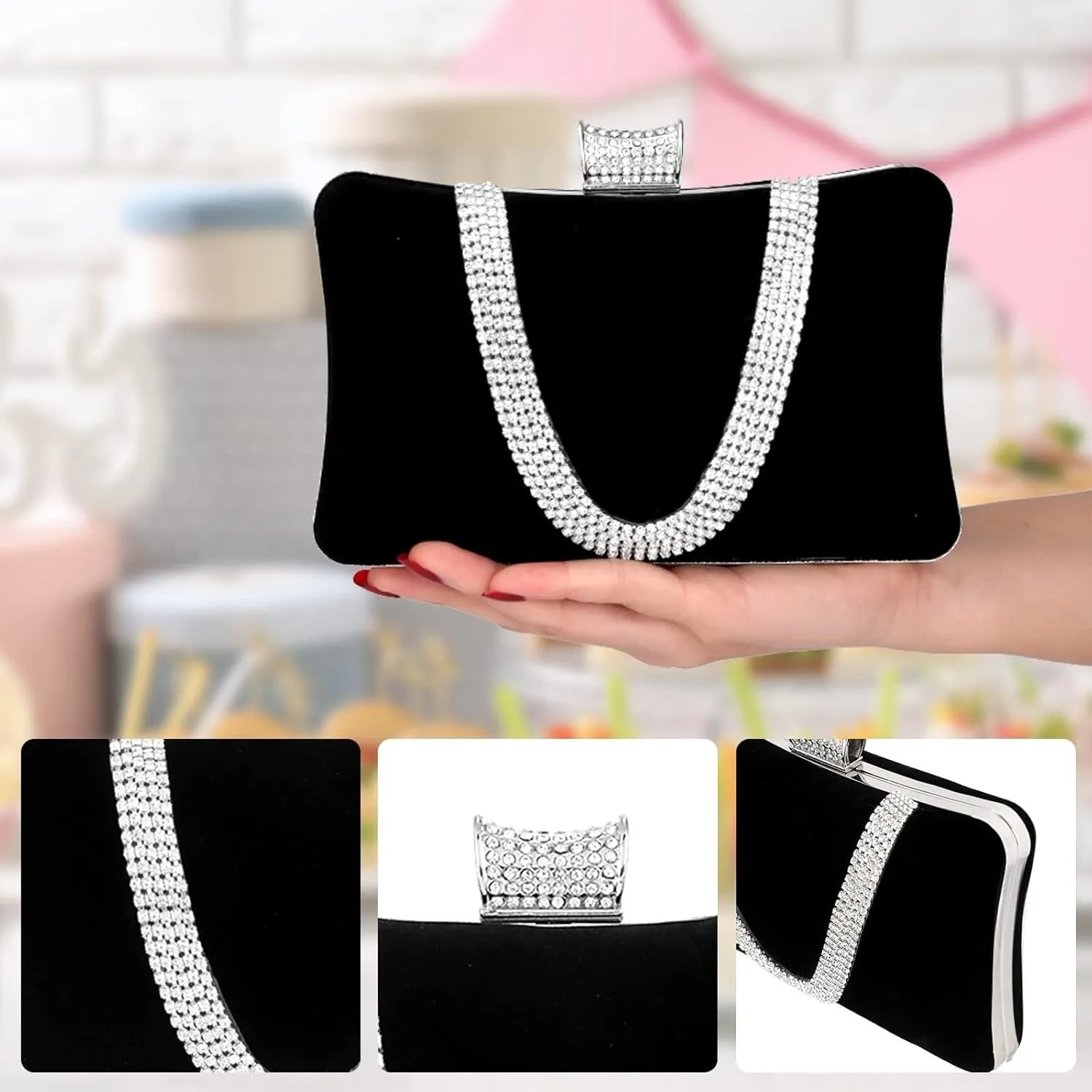 Bridal Wedding Purse Glitter Shoulder Elegant Crossbody Velvet Evening for Women Rhinestone Clutch Sparkly Handbag