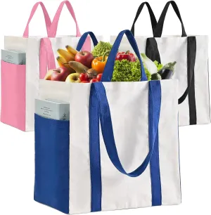 Canvas Reusable Grocery Bags 3 Pack, Heavy Duty Cotton Canvas Totes with Reinforced Handles, 6 Compartments & Side Pockets, Foldable Washable Large Sublimation Bags for Shopping/Picnic/Beach