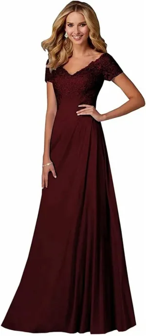 Chiffon Plus Size Mother of The Bride Dresses Long Laces Appliques V-Neck Short Sleeve Mother of The Groom Dress A-Line