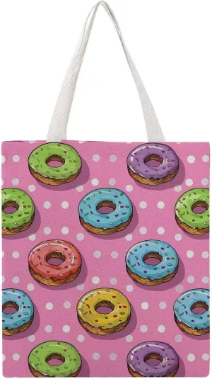 Colorful Donuts Canvas Tote Bag Casual Handbags Grocery Shopping Purses Work Bag for Women