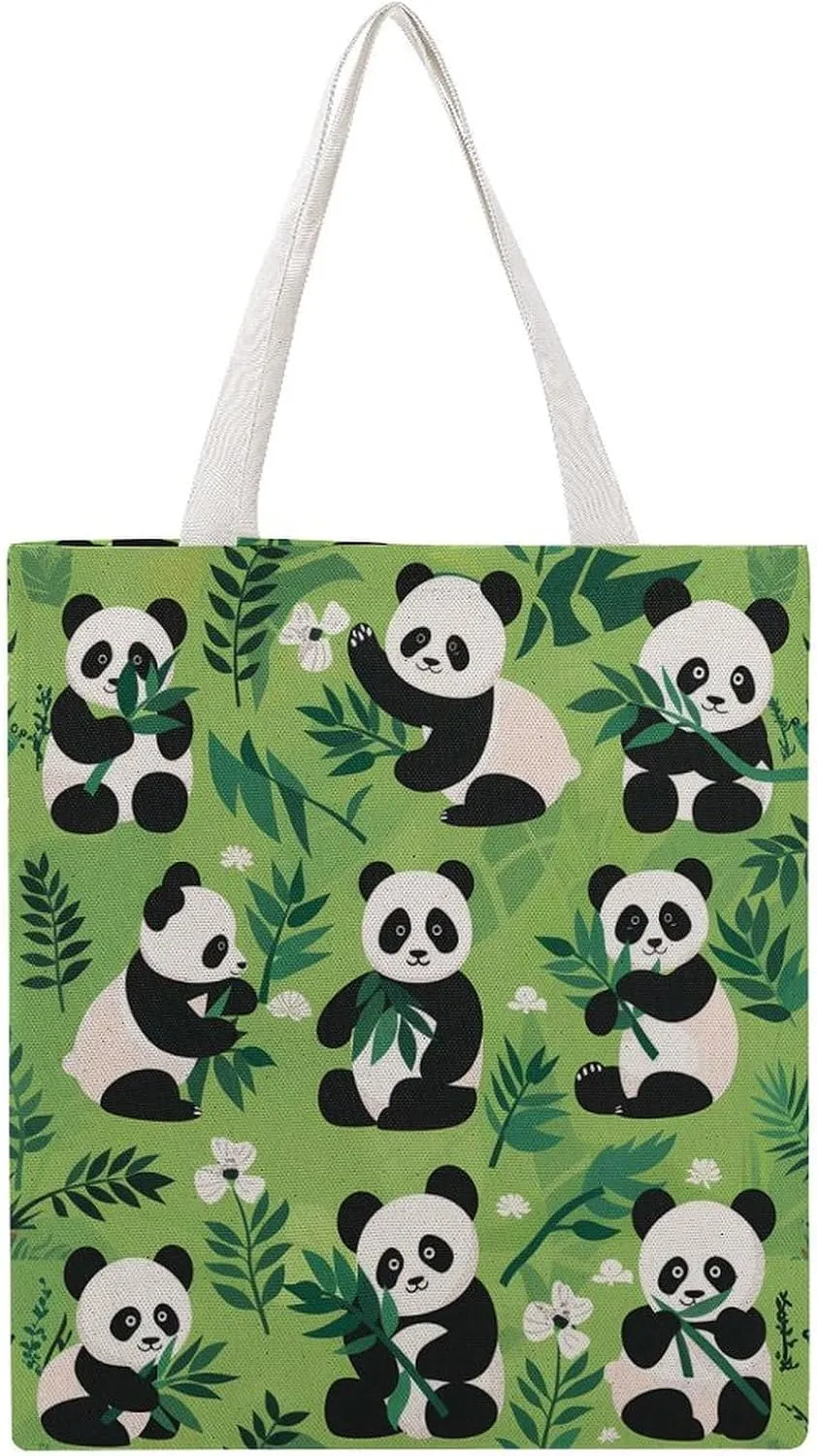 Cute Panda Print Canvas Tote Bag Casual Handbags Grocery Shopping Purses Work Bag for Women
