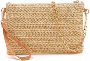 Eiyye Straw Clutch Purse Womens Handbag Boho Summer Beach Purse Wristlet Wallets with Zipper Chains (Beige)