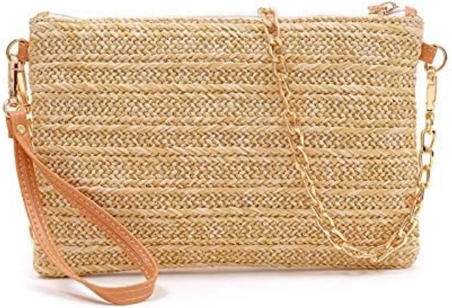 Eiyye Straw Clutch Purse Womens Handbag Boho Summer Beach Purse Wristlet Wallets with Zipper Chains (Beige)