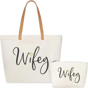 ELEGANTPARK Wifey Bag Wifey Gifts Wedding Gifts for Bride Bridal Shower Bachelorette Party Honeymoon Large Travel Shoulder Bag Canvas Totes with Zipper Set of 2