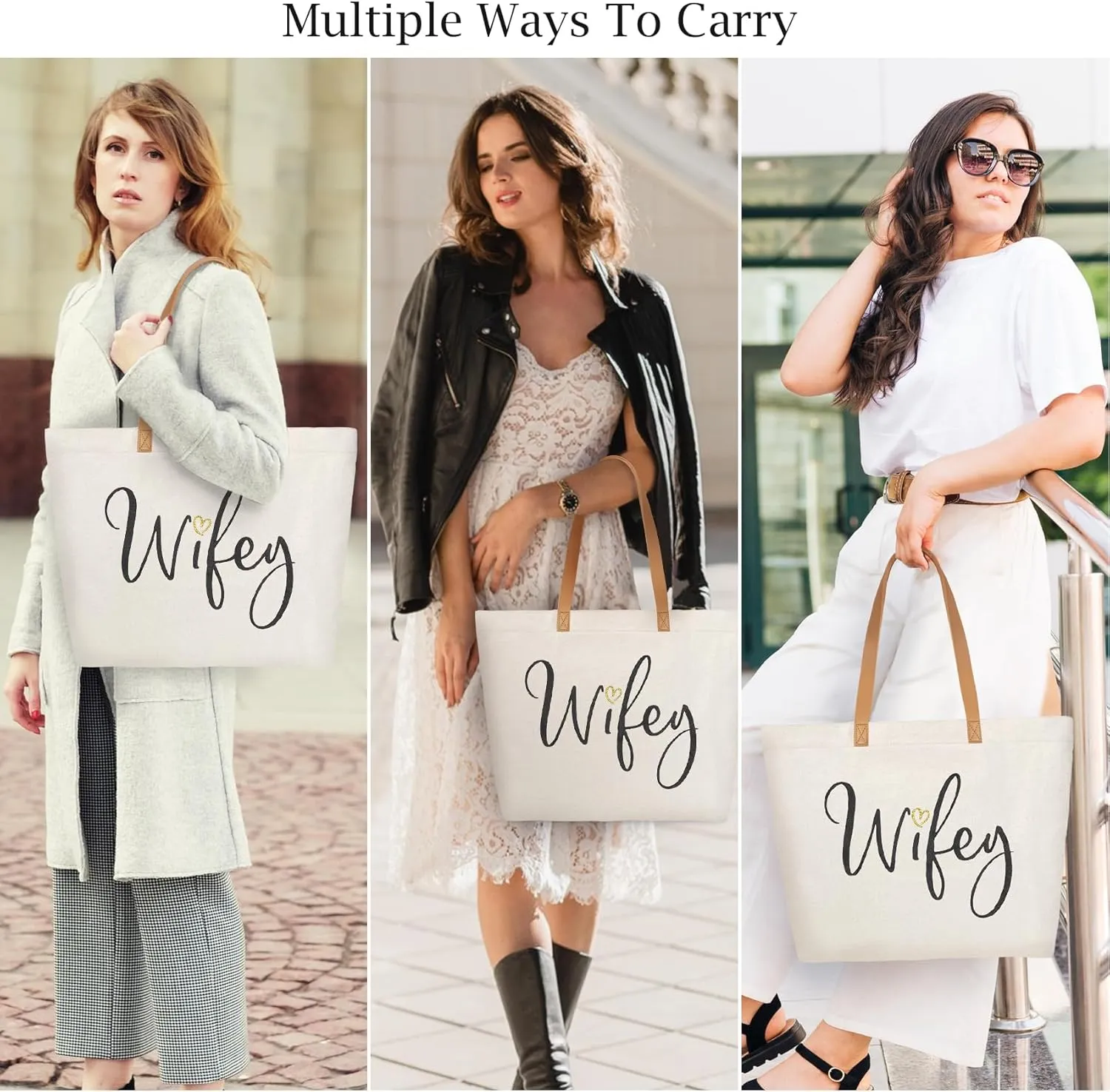 ELEGANTPARK Wifey Bag Wifey Gifts Wedding Gifts for Bride Bridal Shower Bachelorette Party Honeymoon Large Travel Shoulder Bag Canvas Totes with Zipper Set of 2
