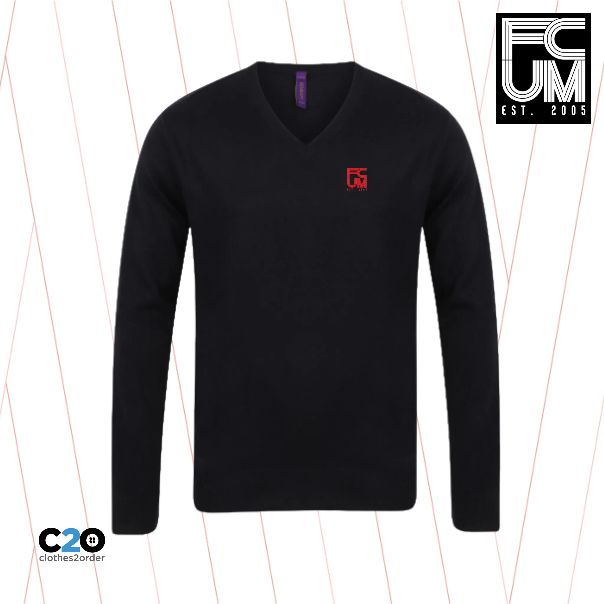 FCUM Placid Casual 12 Guage V Neck Jumper - Black with Red Logo