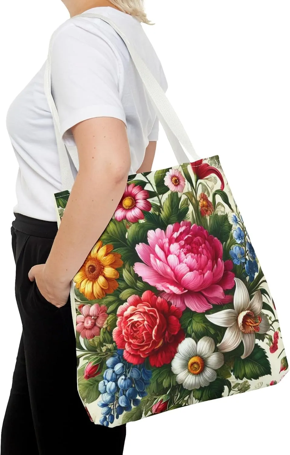 Floral Tote Bag for Women, Elegant Flower Pattern Reusable Shopping Bag, Beach Tote, Gift for Her, Travel Tote, Grocery Tote