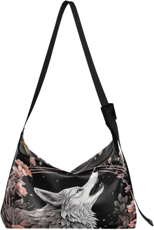 Floral Wolf Crossbody Bag Hobo Handbag Purse Fashion PU Leather Shoulder Bags for Women