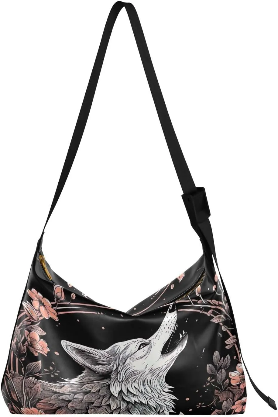 Floral Wolf Crossbody Bag Hobo Handbag Purse Fashion PU Leather Shoulder Bags for Women