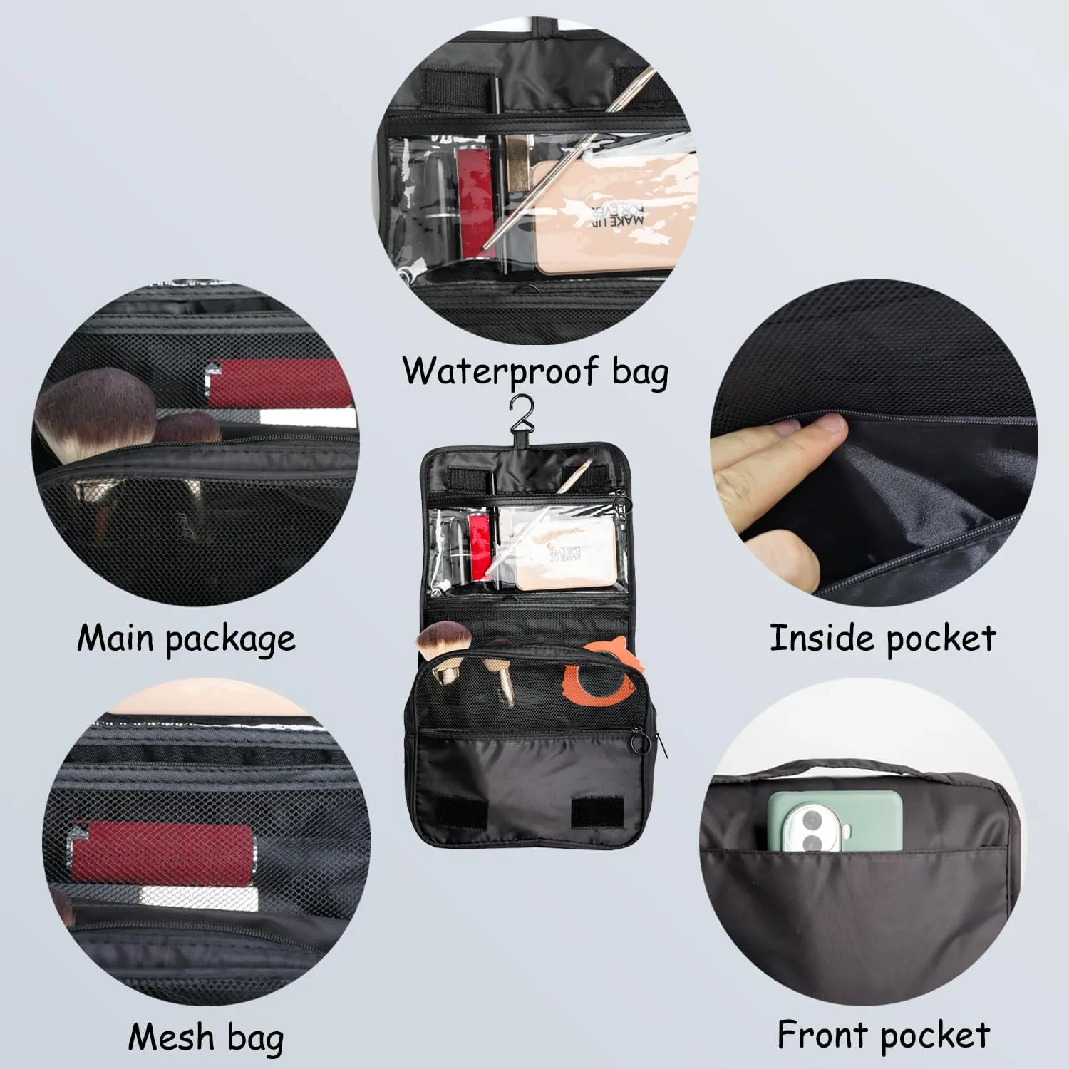Foldable Hanging Travel Toiletry Bag,Waterproof Portable Travel Bags, Multifunction Travel Makeup Cosmetic Bag Organizer with Hanging Hook (Black)