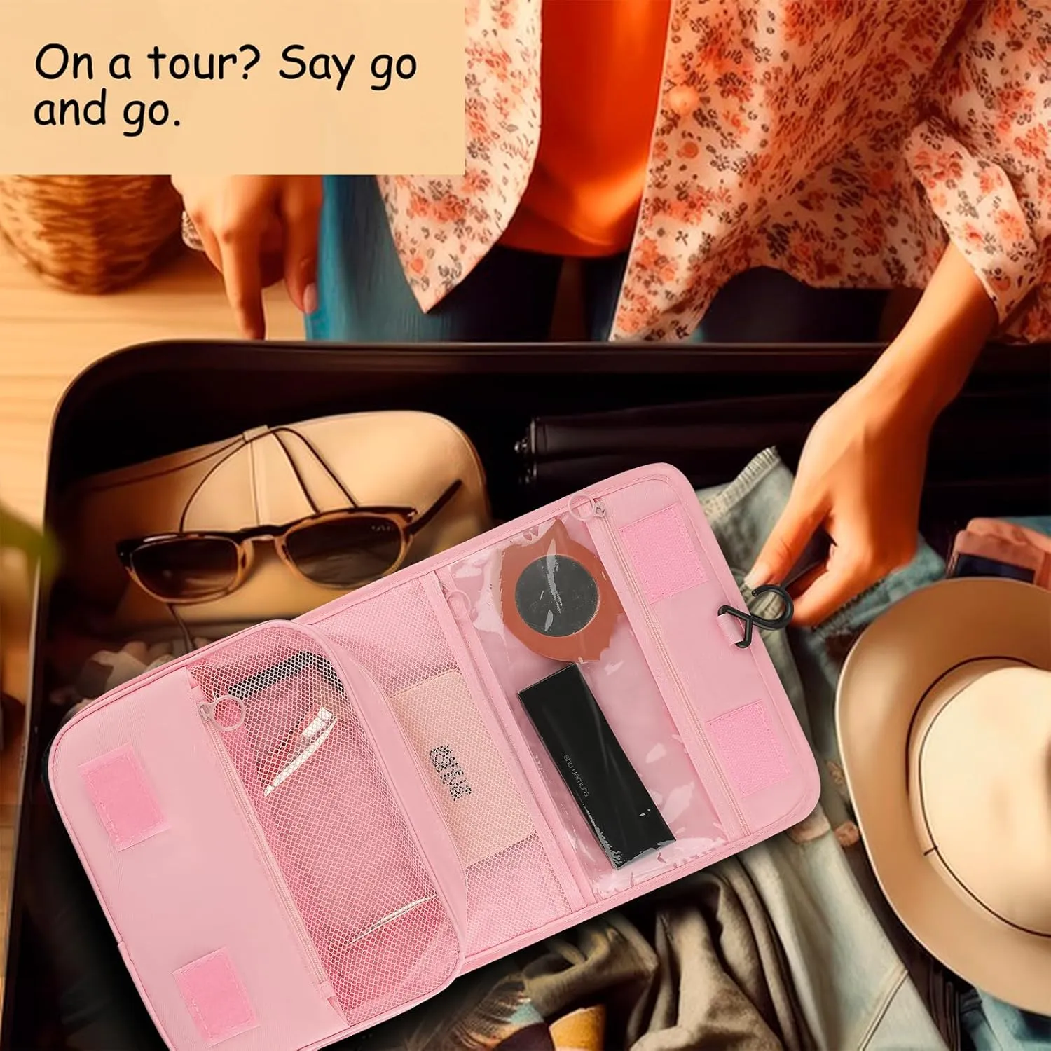 Foldable Hanging Travel Toiletry Bag,Waterproof Portable Travel Bags, Multifunction Travel Makeup Cosmetic Bag Organizer with Hanging Hook (Pink)
