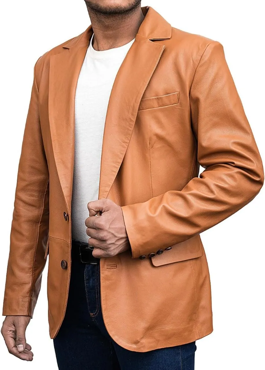 Genuine Lambskin Black Leather Blazer for Men Overcoat Casual Blazer Jacket for Men