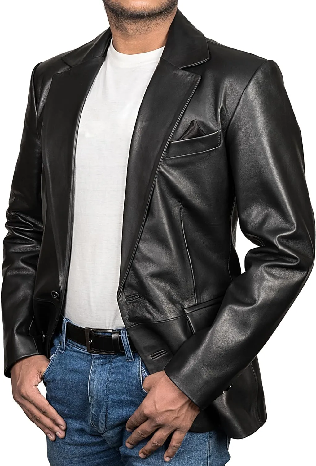 Genuine Lambskin Black Leather Blazer for Men Overcoat Casual Blazer Jacket for Men