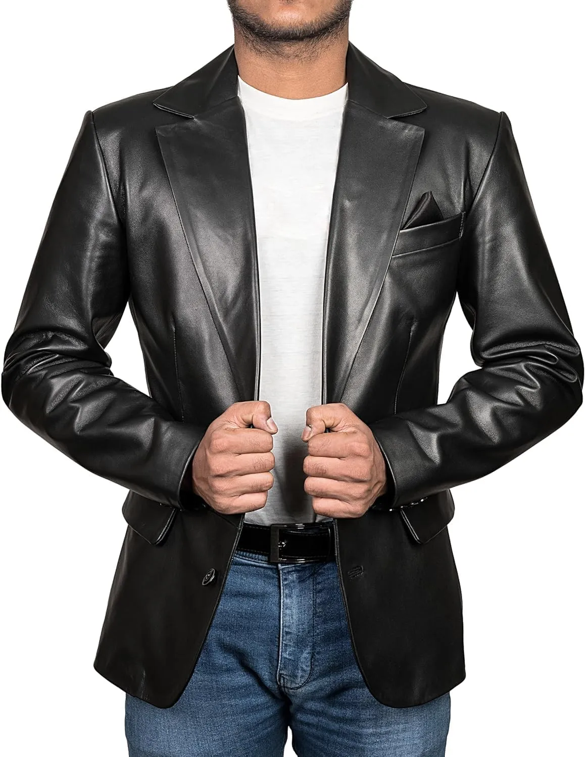 Genuine Lambskin Black Leather Blazer for Men Overcoat Casual Blazer Jacket for Men