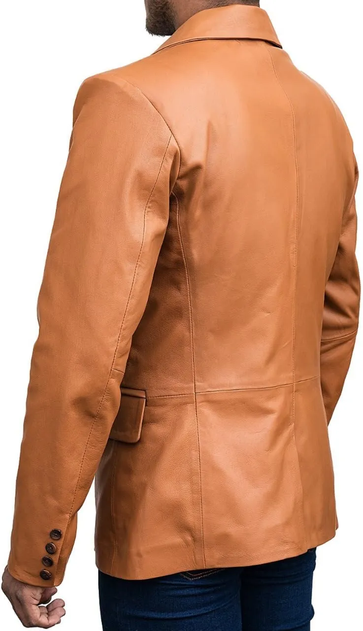 Genuine Lambskin Black Leather Blazer for Men Overcoat Casual Blazer Jacket for Men