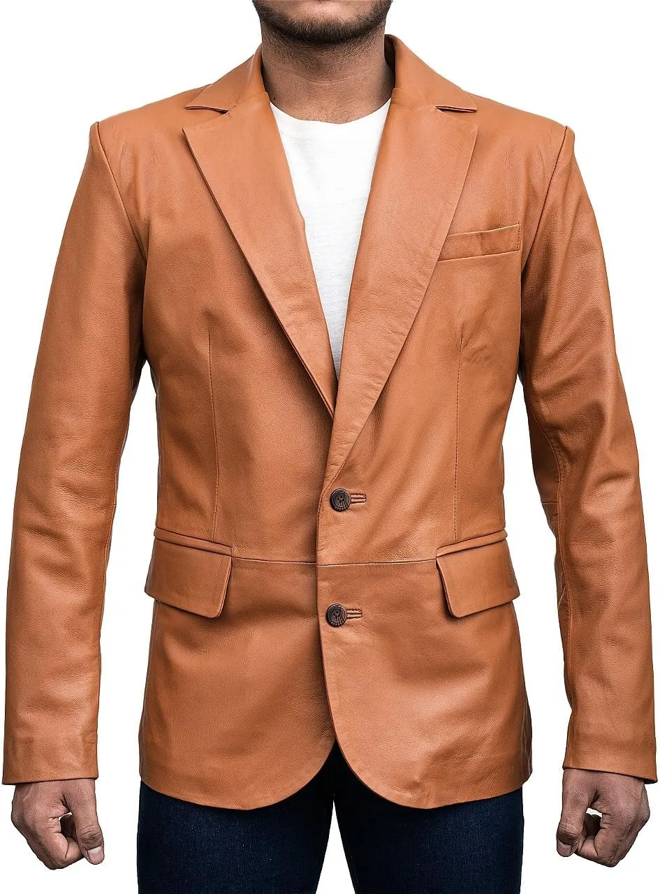 Genuine Lambskin Black Leather Blazer for Men Overcoat Casual Blazer Jacket for Men