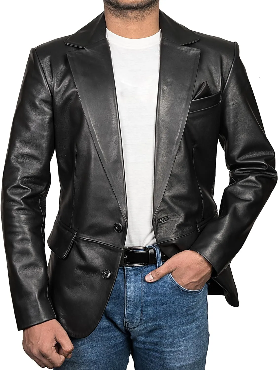 Genuine Lambskin Black Leather Blazer for Men Overcoat Casual Blazer Jacket for Men