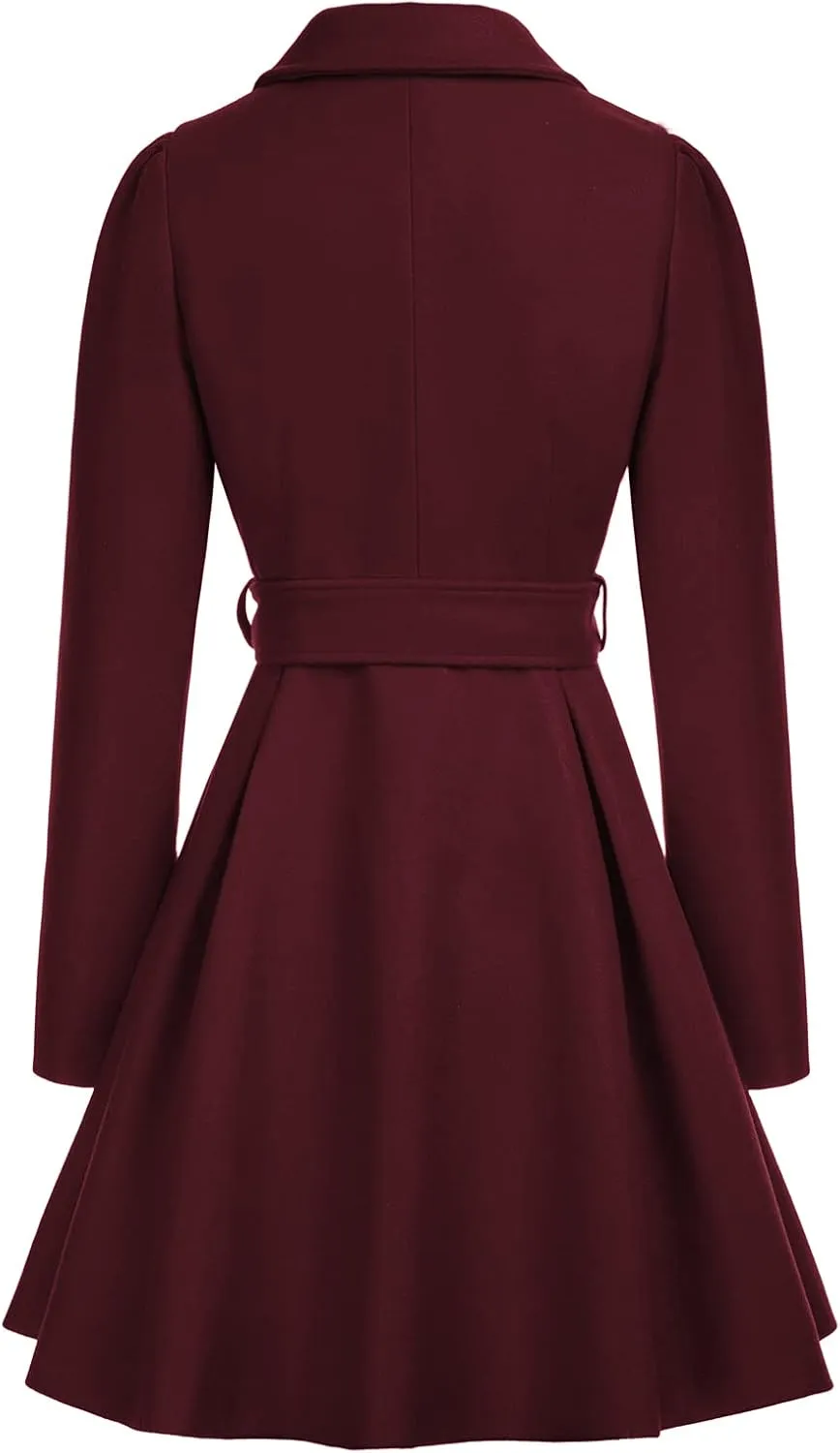 GRACE KARIN Women's Notch Lapel Long Puff Sleeve a Line Pea Coat with Self Tie Belt