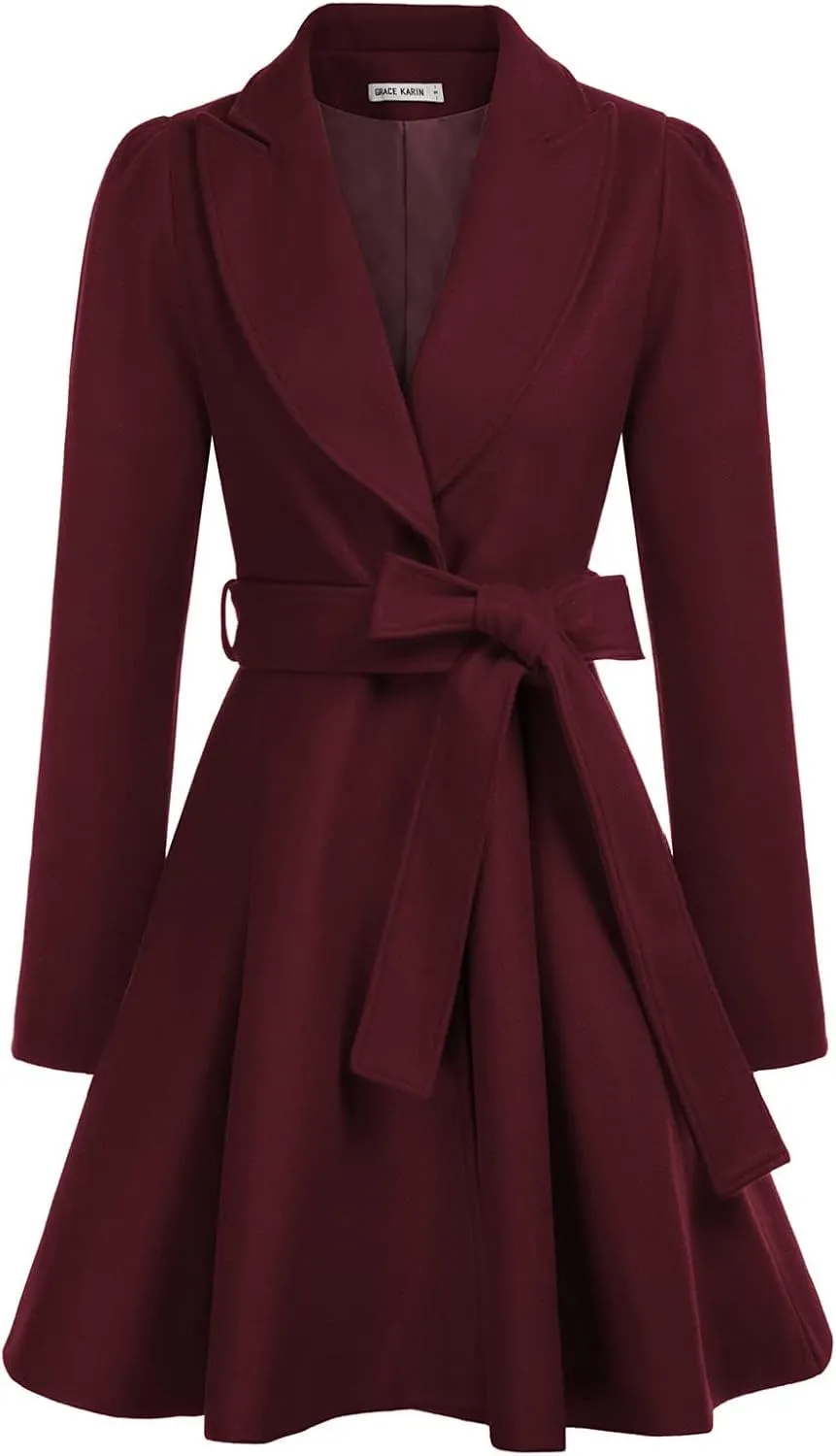 GRACE KARIN Women's Notch Lapel Long Puff Sleeve a Line Pea Coat with Self Tie Belt