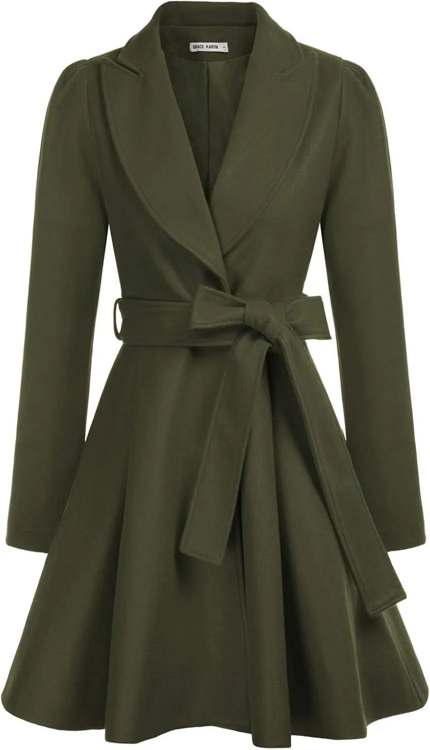 GRACE KARIN Women's Notch Lapel Long Puff Sleeve a Line Pea Coat with Self Tie Belt