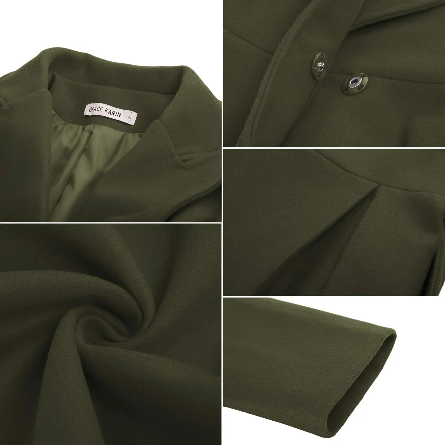 GRACE KARIN Women's Notch Lapel Long Puff Sleeve a Line Pea Coat with Self Tie Belt