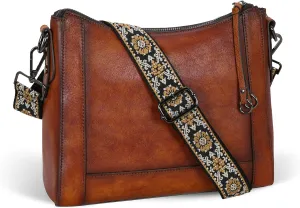 Iswee Leather Shoulder Bags for Women Multi Pockets Crossbody Purse with Wide Guitar Strap