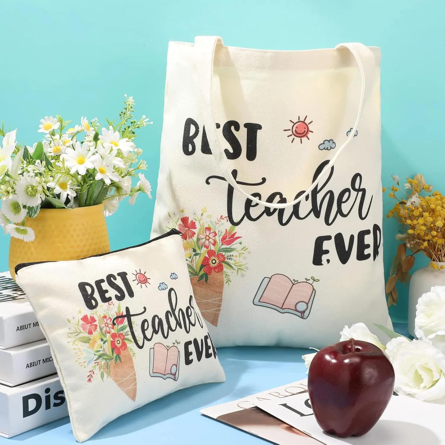 Kacctyen 12 Pcs Teacher Graduation Appreciation Gifts 6 Canvas Totes Bag 6 Makeup Pouch Cosmetic Bags Teacher Gifts(Best Teacher Ever)