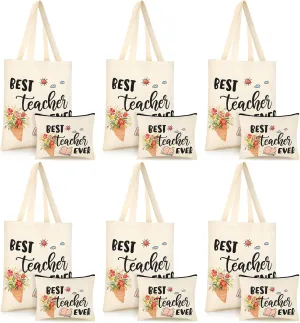 Kacctyen 12 Pcs Teacher Graduation Appreciation Gifts 6 Canvas Totes Bag 6 Makeup Pouch Cosmetic Bags Teacher Gifts(Best Teacher Ever)
