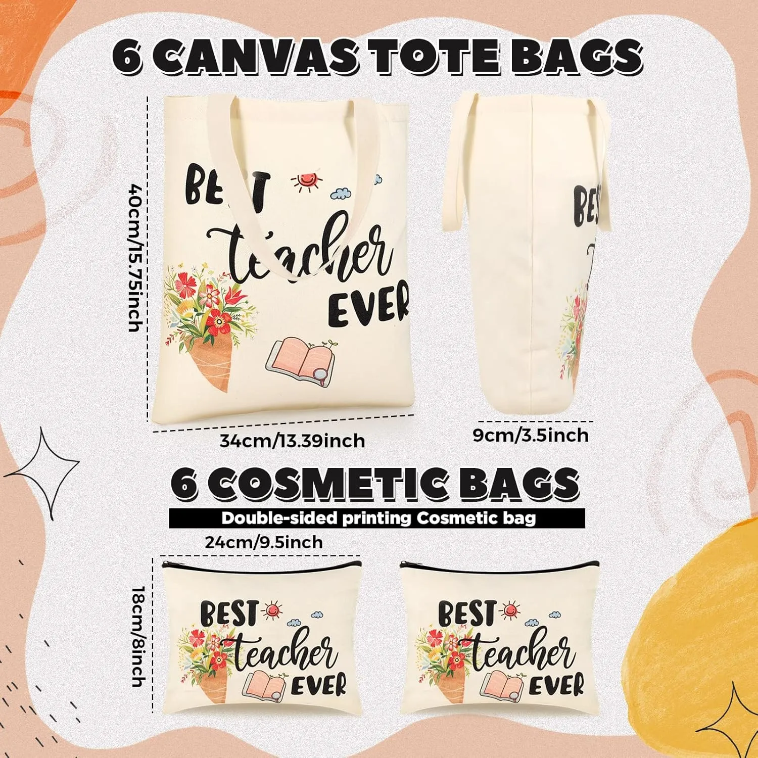 Kacctyen 12 Pcs Teacher Graduation Appreciation Gifts 6 Canvas Totes Bag 6 Makeup Pouch Cosmetic Bags Teacher Gifts(Best Teacher Ever)