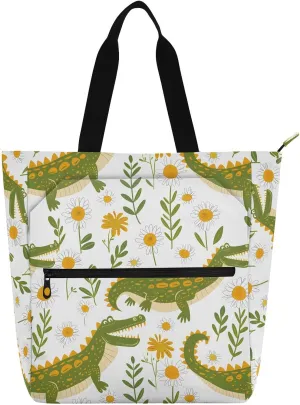 Kids Tote Bags for Boys Girls Ages 4-16, Crocodile Daisy White Handbags Book Tote Bags with Zipper for School and Playtime