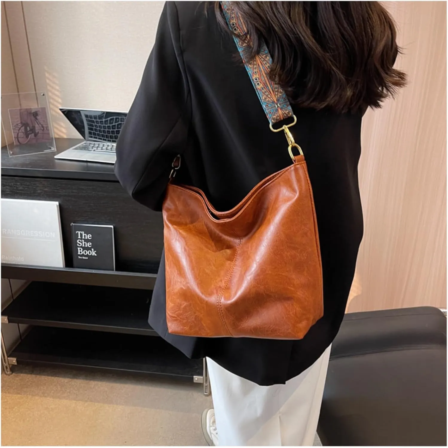 Large Capacity Bucket Bag-Work Tote Bag with Broad Shoulder Strap and Smooth Zipper,Perfect for Work Shopping