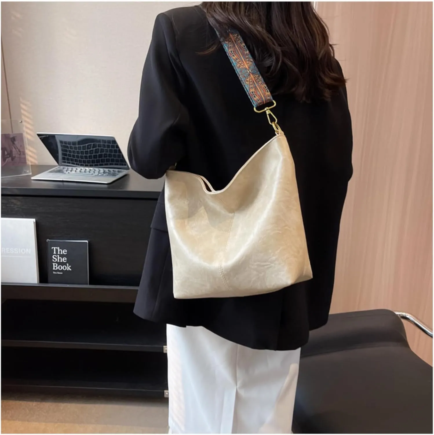 Large Capacity Bucket Bag-Work Tote Bag with Broad Shoulder Strap and Smooth Zipper,Perfect for Work Shopping