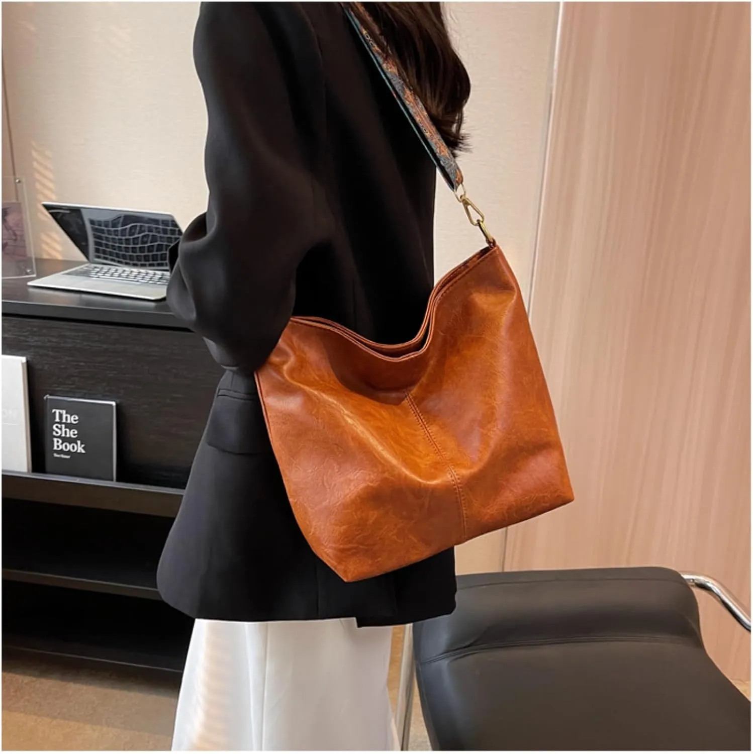 Large Capacity Bucket Bag-Work Tote Bag with Broad Shoulder Strap and Smooth Zipper,Perfect for Work Shopping