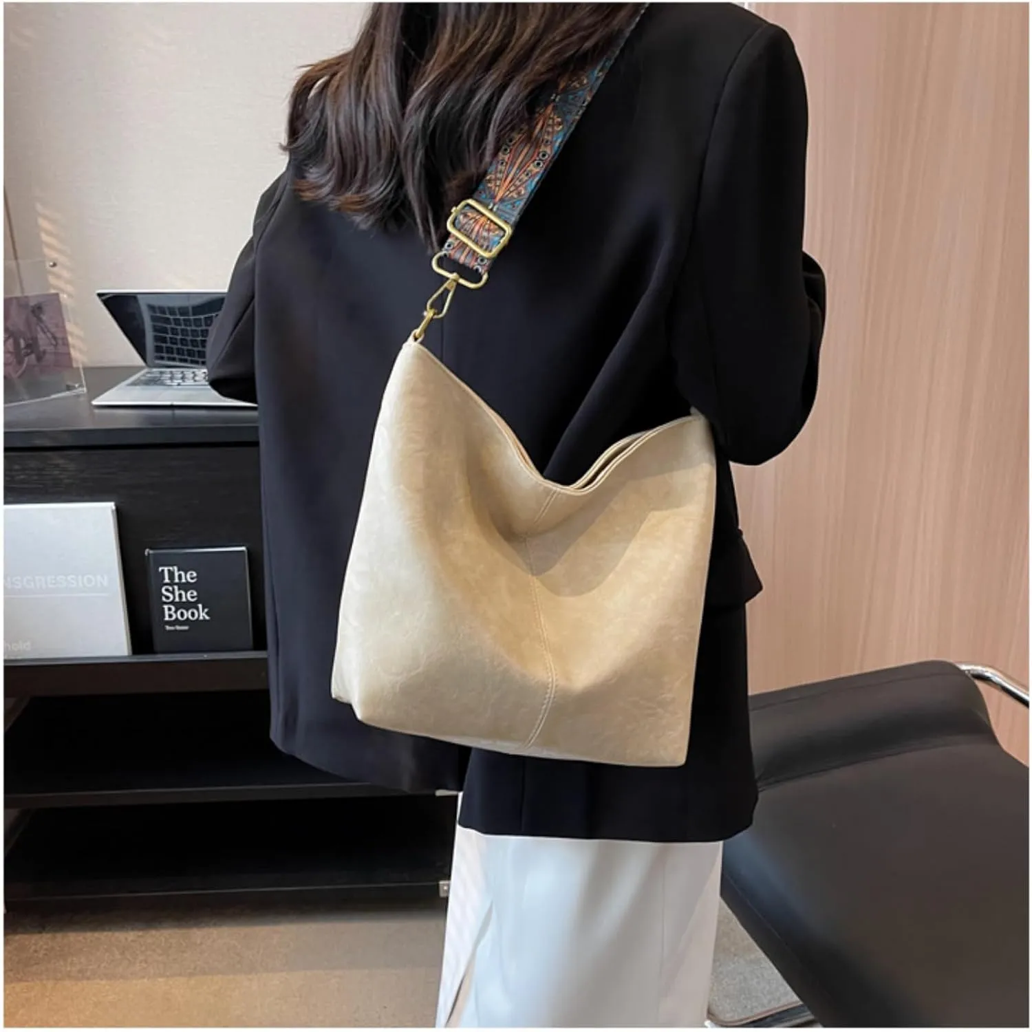 Large Capacity Bucket Bag-Work Tote Bag with Broad Shoulder Strap and Smooth Zipper,Perfect for Work Shopping