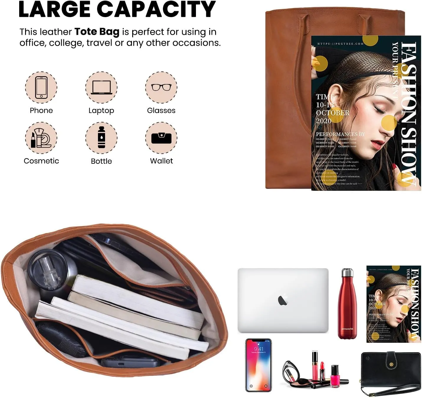Large Leather Tote Bag for Women Soft Semi Veg Goat Skin, Top Handle, Inside Zipper Pockets Leather Tote Bags for Women