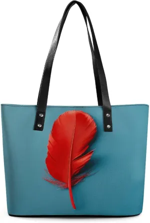 Leather Tote Bag Crossbody Bags for Women Fashion Top Handle Handbag A Red Feather Ladies Shoulder Bags Casual Beach Bag Gym Bages Ladies Purses for Shopping Work Travel