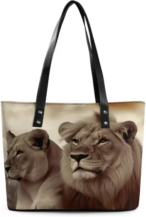 Leather Tote Bag Crossbody Bags for Women Fashion Top Handle Handbag African Lion And Lioness Ladies Shoulder Bags Casual Beach Bag Gym Bages Ladies Purses for Shopping Work Travel