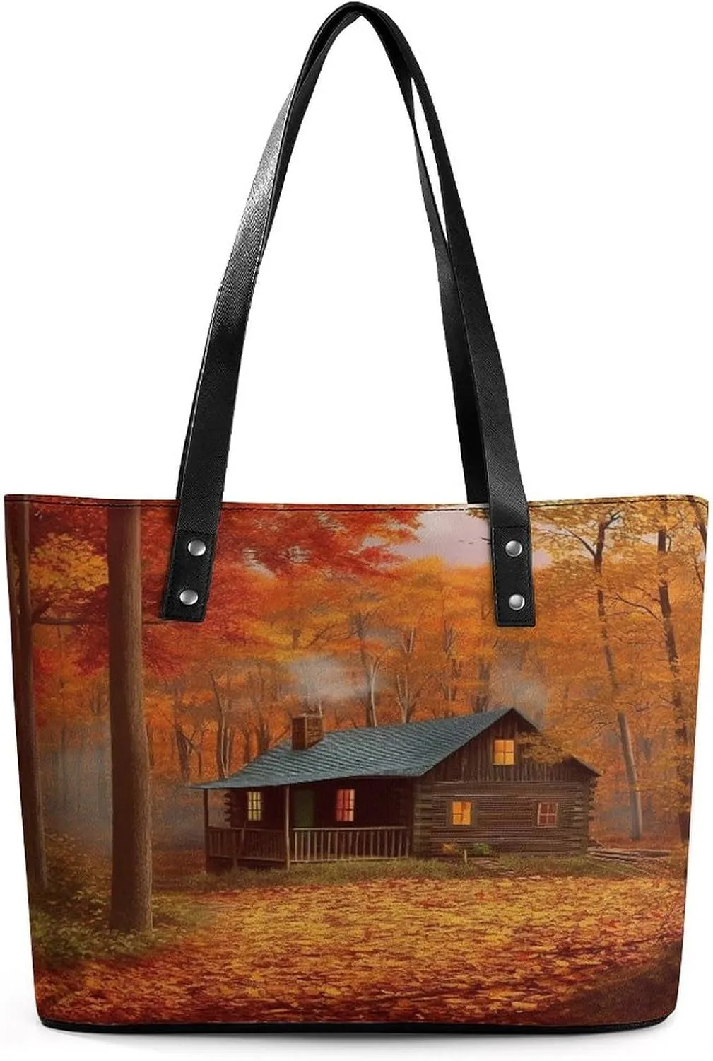Leather Tote Bag Crossbody Bags for Women Fashion Top Handle Handbag Autumn Woods Cabin Ladies Shoulder Bags Casual Beach Bag Gym Bages Ladies Purses for Shopping Work Travel
