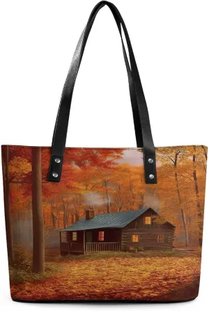Leather Tote Bag Crossbody Bags for Women Fashion Top Handle Handbag Autumn Woods Cabin Ladies Shoulder Bags Casual Beach Bag Gym Bages Ladies Purses for Shopping Work Travel
