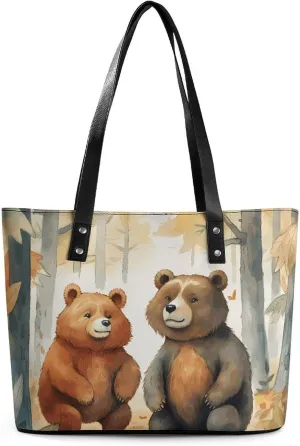 Leather Tote Bag Crossbody Bags for Women Fashion Top Handle Handbag Bear in Woods Ladies Shoulder Bags Casual Beach Bag Gym Bages Ladies Purses for Shopping Work Travel