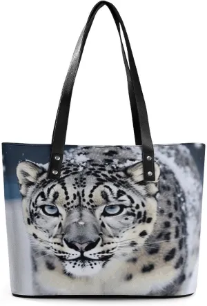 Leather Tote Bag Crossbody Bags for Women Fashion Top Handle Handbag Blue Eyed Snow Leopard Ladies Shoulder Bags Casual Beach Bag Gym Bages Ladies Purses for Shopping Work Travel