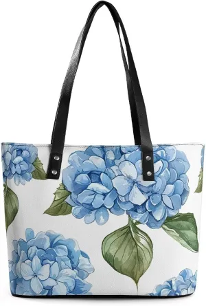 Leather Tote Bag Crossbody Bags for Women Fashion Top Handle Handbag Blue Hydrangea Pattern Ladies Shoulder Bags Casual Beach Bag Gym Bages Ladies Purses for Shopping Work Travel