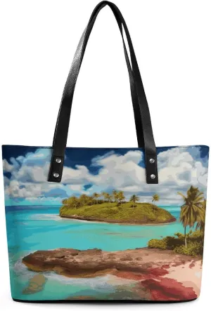 Leather Tote Bag Crossbody Bags for Women Fashion Top Handle Handbag Caribbean Scenery Ladies Shoulder Bags Casual Beach Bag Gym Bages Ladies Purses for Shopping Work Travel